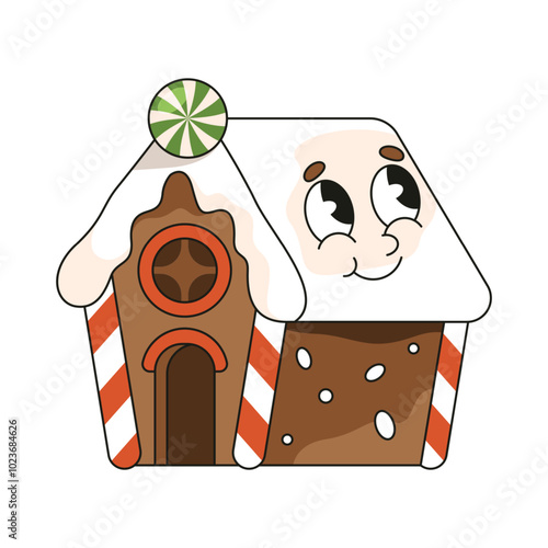 Dessert house for Christmas or home emoji with face vector icon. Whimsical gingerbread house decorated with icing. Happy New Year or merry Xmas greeting element. Winter holiday or wintertime cake.