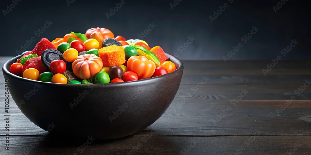 Halloween themed black bowl filled with candies, surrounded by leading lines Halloween themed black bowl filled with candies, surrounded by leading lines