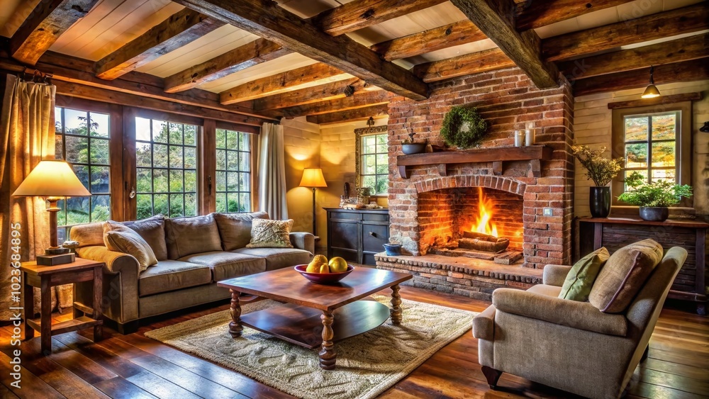 Fototapeta premium - Cozy Rustic Cottage: warm, inviting, weathered wood, brick fireplace, exposed beams