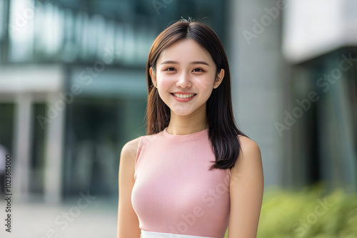 明るい笑顔の女性がビジネスビルの前で立っている春の午後 Free Download 明るい笑顔の女性がビジネスビルの前で立っている春の午後 - GFXLoad