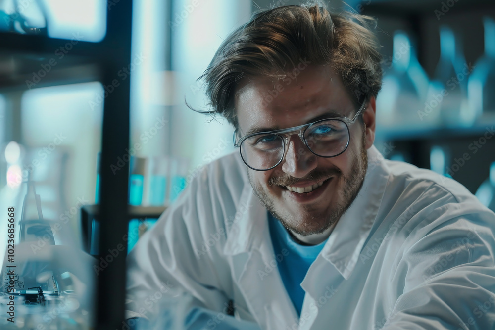 A man in a lab coat is smiling and wearing glasses A man in a lab coat is smiling and wearing glasses
