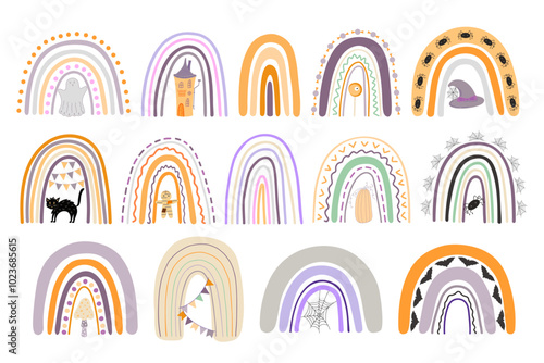 Halloween rainbow set abstract shape, simple hand drawn silhouette illustration in trendy pastel colors, minimalist concept perfect for celebration decor, cards, banners, posters, textile, papercraft