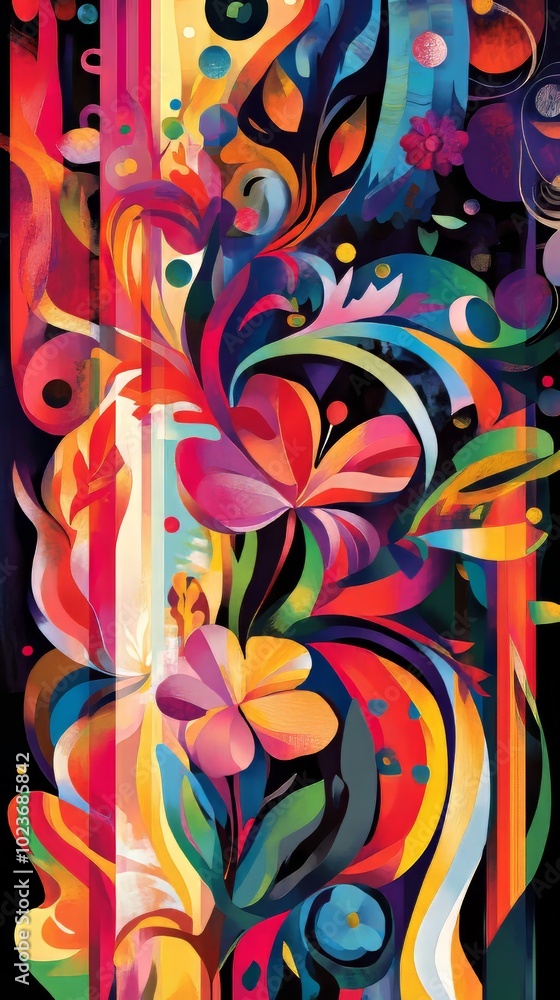 A vivid and dynamic abstract floral artwork featuring a blend of colorful patterns and shapes, perfect for modern artistic decor. A vivid and dynamic abstract floral artwork featuring a blend of colorful patterns and shapes, perfect for modern artistic decor.