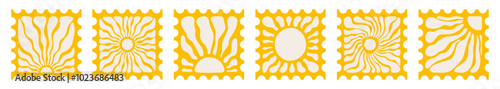 Sun groovy post card square stamp stickers set vector illustration. Hand drawn abstract floral vintage patterns isolated on transparent background