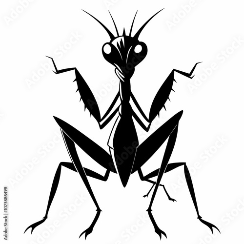 A praying mantis in attack position silhouette vector illustration on white background