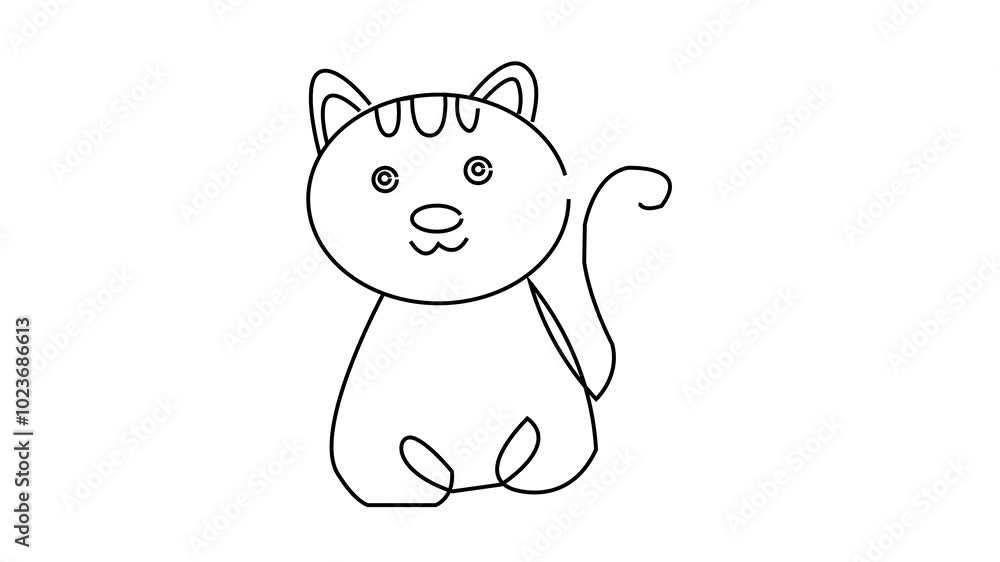 Self drawing simple animation of single continuous one line drawing kitten pet cat animal cute. Drawing by hand, black lines on a white background. Self drawing simple animation of single continuous one line drawing kitten pet cat animal cute. Drawing by hand, black lines on a white background.