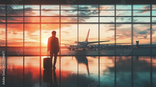 A traveler gazes at the sunset from the airport terminal, reflecting on adventures just ahead with planes in view