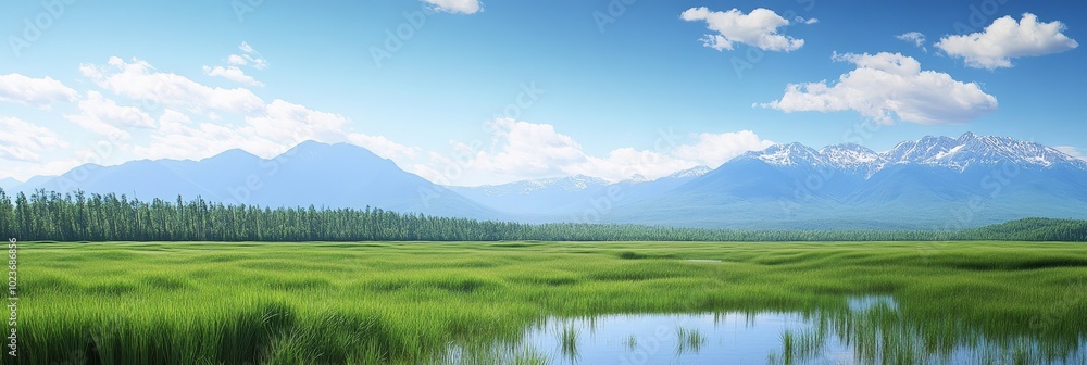 Serene Alaskan Landscape with Lush Green Marsh and Snow-Capped Mountain Range Under a Blue Sky Serene Alaskan Landscape with Lush Green Marsh and Snow-Capped Mountain Range Under a Blue Sky