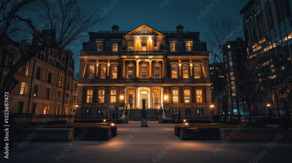 Naklejka premium Illuminated Facade of a Historic Building at Night