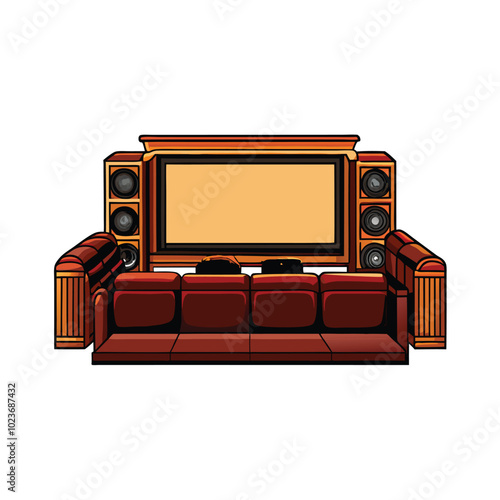 A cartoon illustration of a high-end home theater with plush seating and a large flat-screen TV.