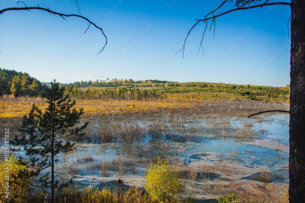 Obraz premium Serene river flowing through an autumn landscape