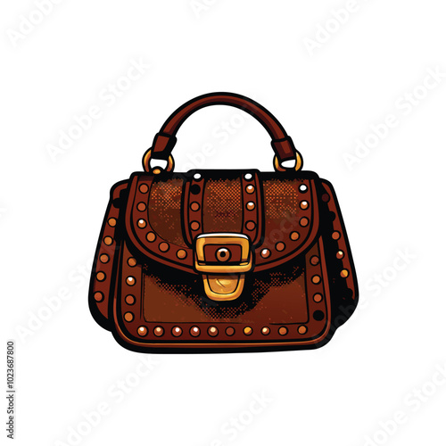 Illustration of a brown high-end shoulder bag with a golden metal buckle and studs.