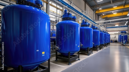 Blue industrial tanks with precision equipment in a modern production plant, showcasing technological sophistication. No people.