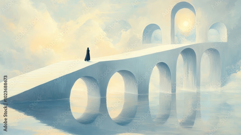 Fototapeta premium A figure cloaked in black walks across a surreal white bridge with arches above a serene reflective water body at sunrise