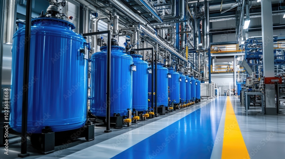 Blue tanks aligned in a high-tech factory, connected to advanced machinery and piping, symbolizing innovation. No people. Blue tanks aligned in a high-tech factory, connected to advanced machinery and piping, symbolizing innovation. No people.
