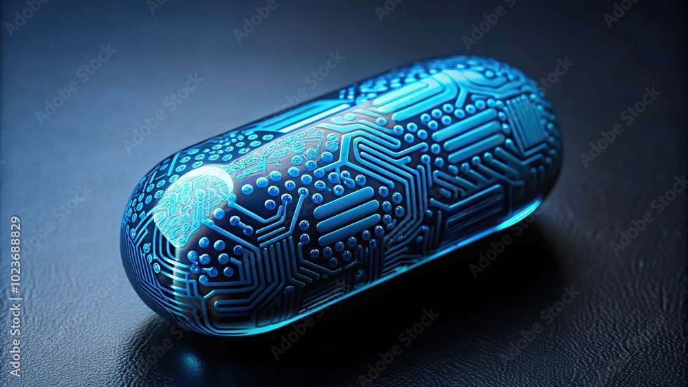 Abstract blue pill with microchip design on dark background Abstract blue pill with microchip design on dark background