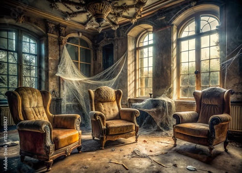 Dusty, tattered sheets shroud antique armchairs, sofas, and tables, cloaking them in mystery, within a dimly lit, abandoned mansion's cobweb-ridden, once-grand, forgotten room. photo