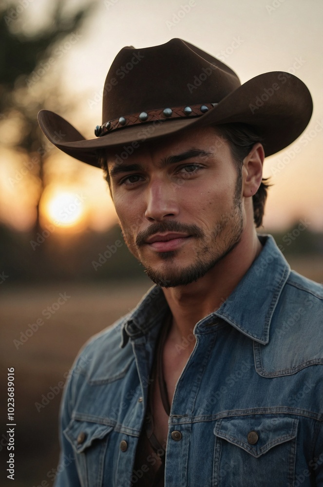 An exceptionally handsome man in a cowboy hat stands confidently at sunset, showcasing charm and style in nature. An exceptionally handsome man in a cowboy hat stands confidently at sunset, showcasing charm and style in nature.