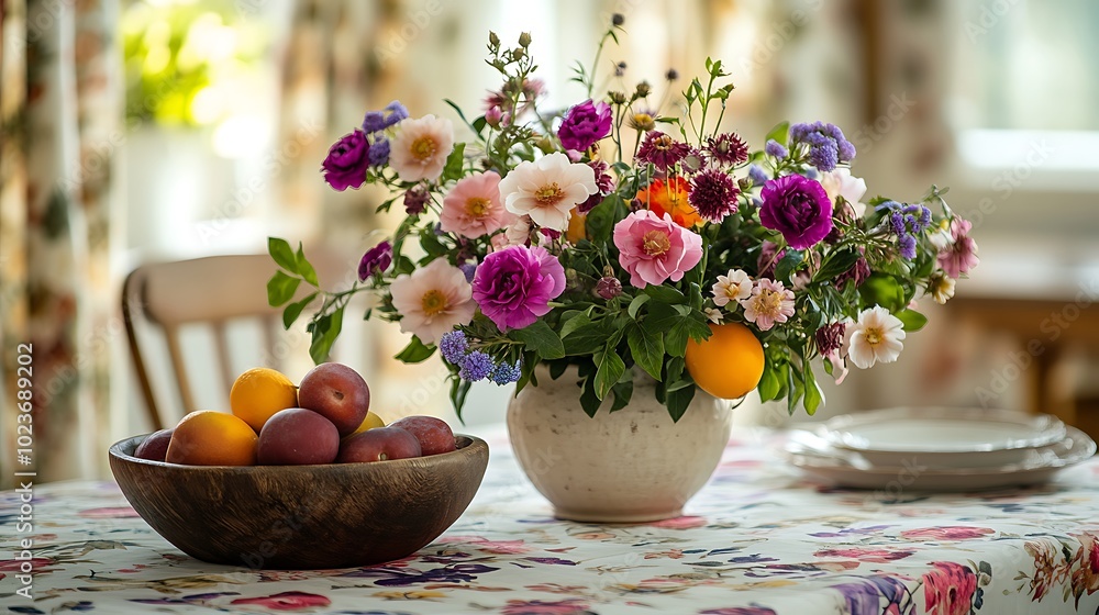 A floral-printed tablecloth on a dining table, adorned with garden flowers in bright, colorful shades, a rustic wooden bowl filled with stone fruits, and delicate porcelain plates, A floral-printed tablecloth on a dining table, adorned with garden flowers in bright, colorful shades, a rustic wooden bowl filled with stone fruits, and delicate porcelain plates,