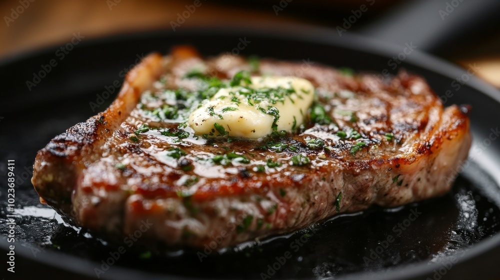 Juicy Steak with Herb Butter on a Cast Iron Pan Juicy Steak with Herb Butter on a Cast Iron Pan