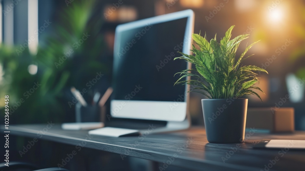 A modern workspace featuring a computer and a potted plant, emphasizing productivity. A modern workspace featuring a computer and a potted plant, emphasizing productivity.