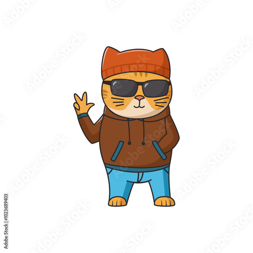 Cool cat with glasses and clothes. Flat illustration on white background.