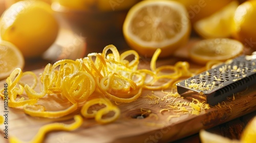 Zesty Citrus Euphoria Vibrant Lemon Zest Spirals and Zester Tool on Rustic Cutting Board Fresh and Flavorful Cooking Concept
