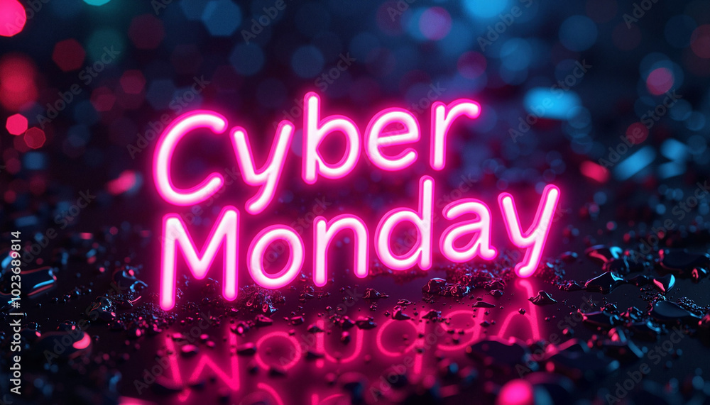 Cyber Monday neon text with reflections on a shiny dark background for online sales event Cyber Monday neon text with reflections on a shiny dark background for online sales event