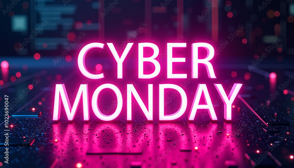 Cyber Monday neon text in a digital background with bright colors for sale promotion Cyber Monday neon text in a digital background with bright colors for sale promotion
