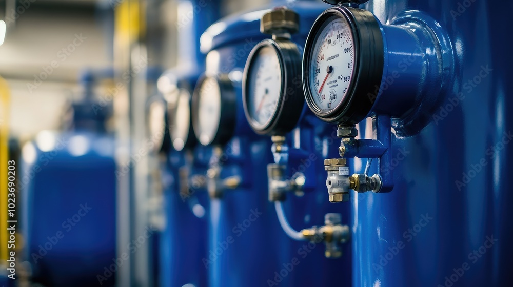 Close-up of blue tanks with advanced gauges and piping in a modern factory, showcasing high-tech equipment. No people. Close-up of blue tanks with advanced gauges and piping in a modern factory, showcasing high-tech equipment. No people.