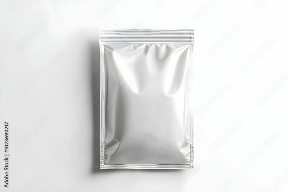Shiny silver packaging of a vacuum-sealed product on a white background Shiny silver packaging of a vacuum-sealed product on a white background