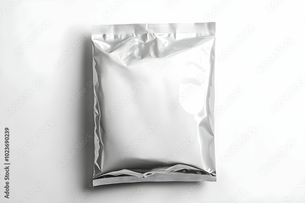 Silver foil packaging displayed on a clean surface, highlighting its reflective texture and design Silver foil packaging displayed on a clean surface, highlighting its reflective texture and design