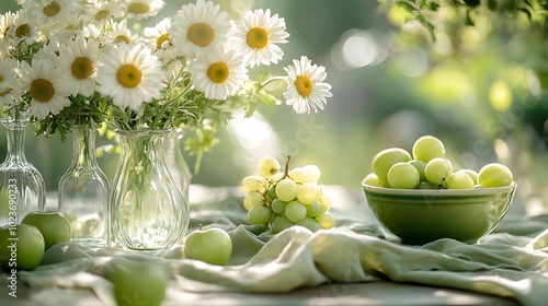 A green and white table setting with daisies arranged in clear glass vases, a ceramic bowl filled with green apples and grapes, and light green napkins,