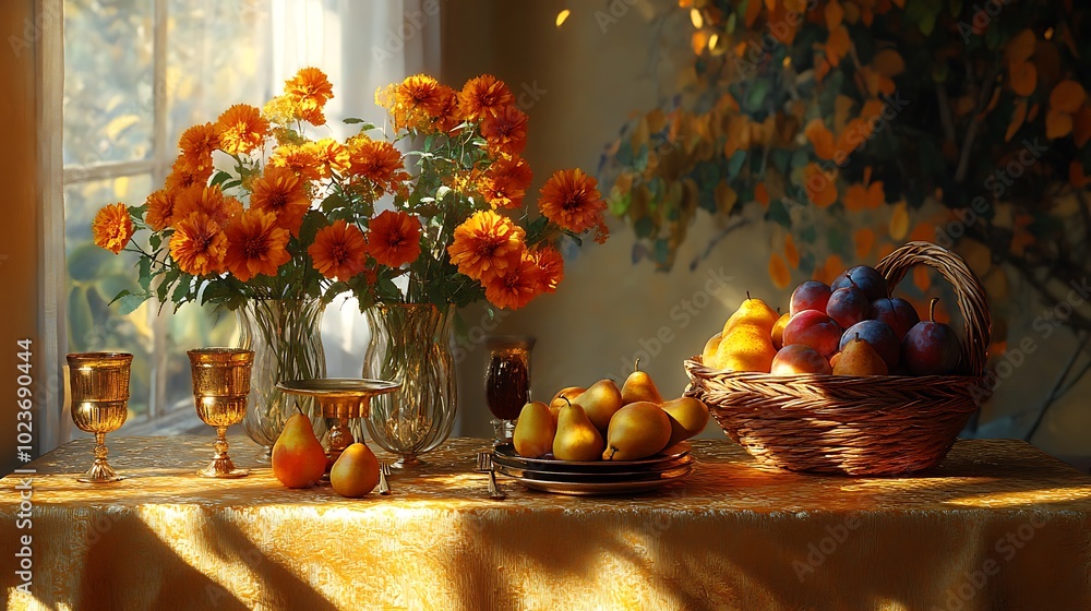 A harvest-themed dining table with a golden tablecloth, vibrant marigolds in small glass jars, a wicker basket overflowing with fresh pears and plums, and gold-accented dinnerware, A harvest-themed dining table with a golden tablecloth, vibrant marigolds in small glass jars, a wicker basket overflowing with fresh pears and plums, and gold-accented dinnerware,