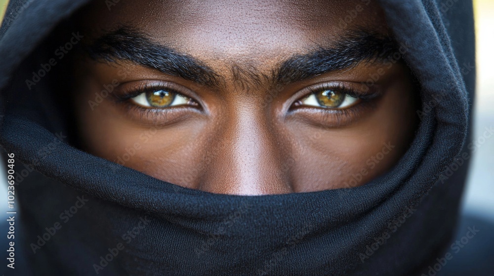 Scary and creepy male eyes, face covered by mask or scarf Scary and creepy male eyes, face covered by mask or scarf