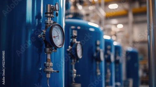 Close-up of industrial blue tanks with precision valves and gauges in a futuristic production plant. No people.