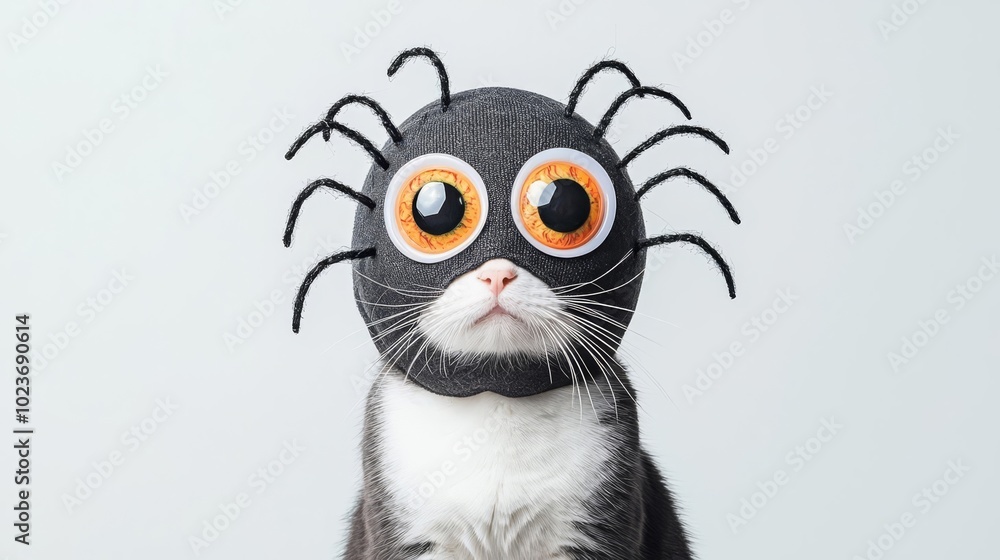A whimsical cat wearing a playful spider mask, showcasing a fun and quirky personality against a minimalistic backdrop. A whimsical cat wearing a playful spider mask, showcasing a fun and quirky personality against a minimalistic backdrop.