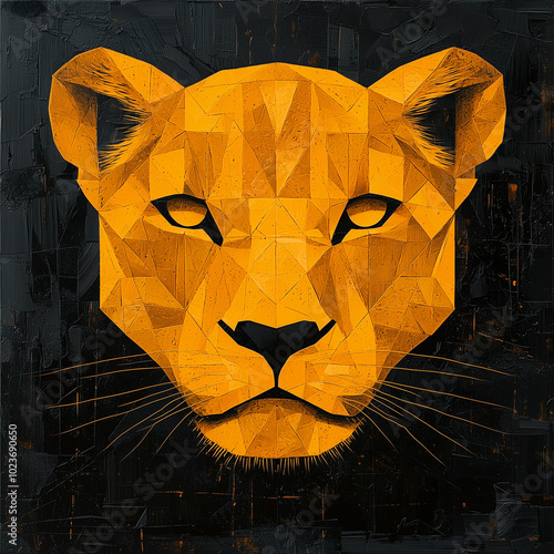 minimalist geometric lioness portrait in bold gold on a deep black scratched background