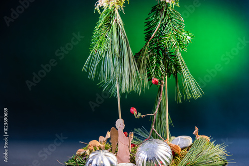 Christmas Decoration with wooden deer and angel 