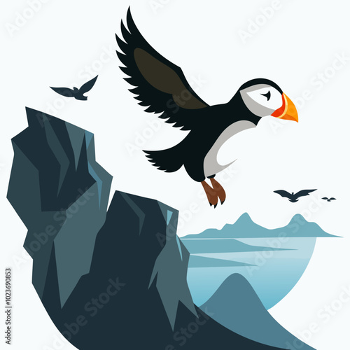 A puffin flying over cliffs silhouette vector illustration on white background