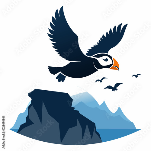 A puffin flying over cliffs silhouette vector illustration on white background