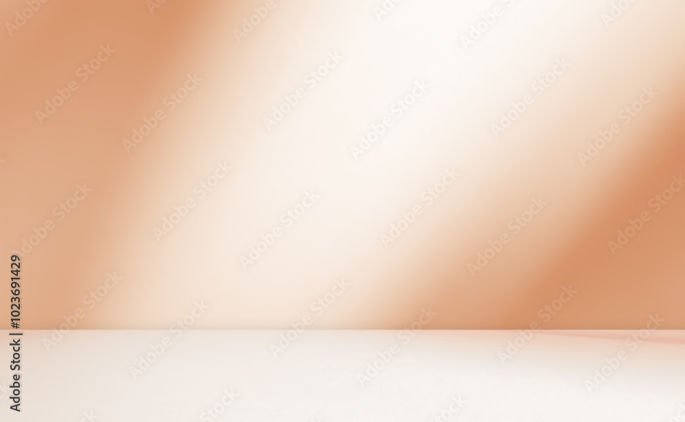 Empty brown orange beige cream room studio with shadow of leaves overlay effect for product presentation display. Cosmetic fashion beauty showroom. Autumn Summer backdrop. Minimal Mock up.	