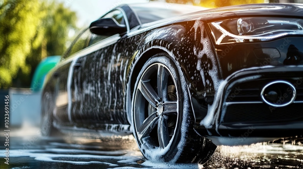 Fototapeta premium A car being washed with high-pressure water, a car washing concept