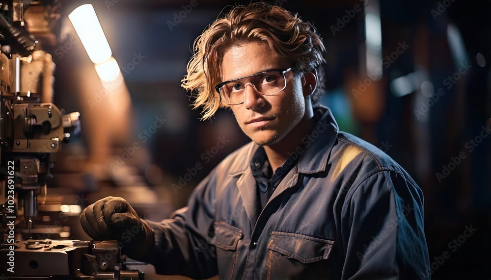 Punching and forming mechanic in factory environment with protective clothing Punching and forming mechanic in factory environment with protective clothing