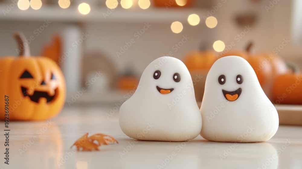 Adorable ghost-shaped cookies with smiling faces bring Halloween cheer, AI Adorable ghost-shaped cookies with smiling faces bring Halloween cheer, AI