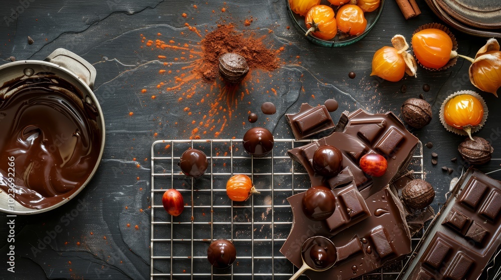 Decadent Delights Physalis Dipped in Dark Chocolate on Wire Rack Gourmet Dessert Ingredients Decadent Delights Physalis Dipped in Dark Chocolate on Wire Rack Gourmet Dessert Ingredients