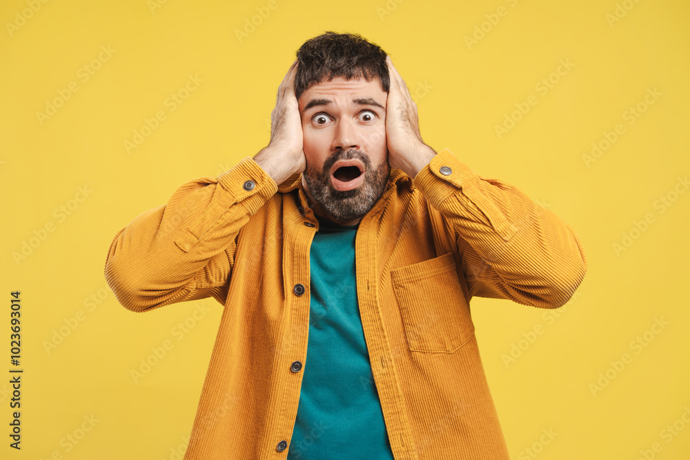 Portrait of shocked middle aged bearded man holding head amazed looking at camera. Emotional concept Portrait of shocked middle aged bearded man holding head amazed looking at camera. Emotional concept