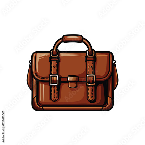 A modern laptop bag made of smooth brown leather with two buckles.