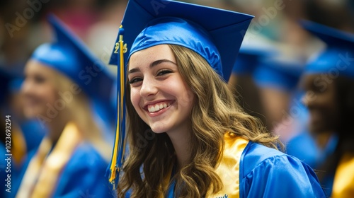 Happy Graduate Smiles in Blue Cap and Gown with Yellow Tassel at Ceremony