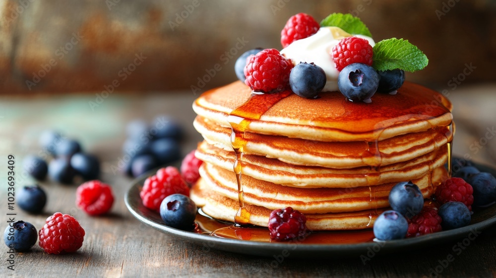 Delicious pancakes with fresh berries and syrup Delicious pancakes with fresh berries and syrup